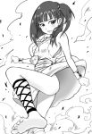  1girl ankle_cuffs ankle_lace-up barefoot blush breasts cross-laced_footwear cuffs debris dirty dress dust feet magi_the_labyrinth_of_magic monochrome morgiana sideboob smile smoke soles toes torn_clothes white_dress 