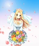  1girl bare_shoulders blonde_hair blush bouquet bridal_veil character_request copyright_request crown dress flower green_eyes hair_flower hair_ornament jewelry lens_flare long_hair looking_at_viewer necklace petals smile solo standing tagme veil wedding_dress white_dress 
