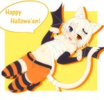  1girl animal_ears blue_eyes cat_ears cat_tail flat_chest happy_halloween heterochromia kida_kuro_mu looking_at_viewer open_mouth orange_eyes original shiro_(kida_kuro_mu) short_hair smile solo striped striped_legwear tail thigh-highs yellow_background 