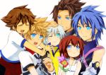  2girls 4boys age_difference aqua_(kingdom_hearts) aqua_eyes blonde_hair blue_eyes blue_hair brown_hair child closed_eyes commentary flower hand_on_another&#039;s_head jewelry kairi_(kingdom_hearts) kingdom_hearts kingdom_hearts_birth_by_sleep looking_at_another meru multiple_boys multiple_girls necklace one_eye_closed open_mouth redhead riku simple_background smile sora_(kingdom_hearts) terra_(kingdom_hearts) ventus white_background white_hair wristband 