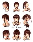  1girl bare_shoulders black_hair blush brown_eyes commentary_request expressions fang highres kotoba_noriaki looking_at_viewer nape open_mouth original ponytail solo sweatdrop tears translation_request 