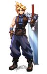  1boy baggy_pants belt blonde_hair blue_eyes brown_gloves buster_sword cloud_strife final_fantasy final_fantasy_vii frown full_body gloves huge_weapon muscle pants pauldrons planted_sword planted_weapon robert_porter short_hair sleeveless sleeveless_turtleneck solo spiky_hair suspenders sword turtleneck weapon 