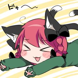  &gt;_&lt; 1girl :d animal_ears blush_stickers braid cat_ears cat_tail closed_eyes commentary dress green_dress hair_ribbon hammer_(sunset_beach) kaenbyou_rin multiple_tails open_mouth redhead ribbon smile solo tail touhou twin_braids xd 