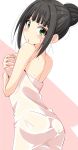  1girl ass bangs bare_shoulders black_hair blunt_bangs breast_hold chestnut_mouth cowboy_shot from_behind green_eyes hair_bun hamaguchi_ayame highres idolmaster idolmaster_cinderella_girls looking_at_viewer looking_back naked_towel natsu_(anta_tte_hitoha) parted_lips pink_background sidelocks simple_background solo sweatdrop tied_hair towel white_background 