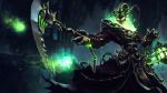  1boy cassio_yoshiyaki fire glowing glowing_eyes green_eyes green_fire hitodama kama_(weapon) lantern league_of_legends outstretched_arm sickle solo spikes thresh weapon 