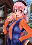  1girl blush bokkusu breasts commentary_request crepe food fruit hand_in_pocket headphones large_breasts long_hair looking_at_viewer nitroplus open_mouth pink_hair red_eyes smile solo strawberry super_sonico whipped_cream 