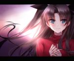  1girl backlighting bangs blue_eyes blush brown_hair fate/stay_night fate_(series) hair_ribbon hands_together letterboxed long_hair looking_at_viewer meaomao red_shirt ribbon shirt smile solo teardrop tears tohsaka_rin toosaka_rin twintails upper_body very_long_hair 