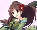  1girl amagi_(kantai_collection) brown_eyes brown_hair camouflage collarbone furisode hair_between_eyes highres japanese_clothes kantai_collection kimono kuno_(k_u_n_o) looking_at_viewer mole mole_under_eye open_mouth ponytail solo 