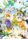  2girls animal_ears anklet barefoot beach black_hair blush bracelet flags_of_all_nations gold hair_ornament jewelry long_hair multiple_girls original palm_tree rabbit_ears sarong skirt traditional_clothes tree water_gun white_hair yuki_usagi 