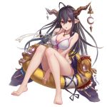  1girl :o barefoot bikini blush breasts cleavage danua doll front-tie_top granblue_fantasy hair_between_eyes horn_ornament horns jewelry large_breasts lemoo long_hair looking_at_viewer navel open_mouth pointy_ears purple_hair red_eyes saliva_swap skindentation solo swimsuit 