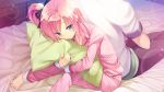  1boy 1girl bed blue_eyes game_cg hair_ornament koba_kasumi koi_saku_miyako_ni_ai_no_yakusoku_wo_~annaffiare~ natsume_eri pajamas pillow pillow_hug pink_hair sitting 