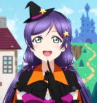  1girl castle dancing_stars_on_me! green_eyes hat long_hair love_live!_school_idol_project purple_hair smile solo toujou_nozomi twintails witch_hat 