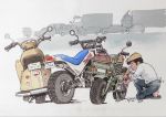  1boy cabbie_hat car hat motor_vehicle motorcycle ootsuka_yasuo original truck vehicle 