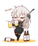  &gt;_&lt; 1girl :d antenna_hair beer_mug bottle carrying chibi closed_eyes commentary_request german highres kantai_collection long_hair looking_at_viewer nuu_(nu-nyu) open_mouth silver_hair smile solo translated u-511_(kantai_collection) xd 