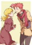  1boy 1girl blonde_hair jojo_no_kimyou_na_bouken kakyouin_noriaki kuujou_holly pocky pocky_kiss scarf shared_food touming_renjian 