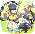  1girl :&gt; black_hair blitzle blue_eyes cowboy_shot crop_top electricity emolga fur_coat gym_leader headphones kamitsure_(pokemon) long_hair midriff nail_polish navel navel_cutout pokemon pokemon_(creature) pokemon_(game) pokemon_bw2 saitou_naoki short_hair short_shorts shorts smile solo sparkle very_long_hair 