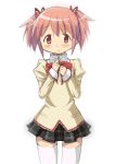  1girl blush bow commentary_request hair_ribbon kaname_madoka koko_(artist) looking_at_viewer mahou_shoujo_madoka_magica official_style pink_eyes pink_hair ribbon school_uniform short_hair short_twintails skirt solo twintails white_legwear 