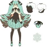  1girl aqua_eyes aqua_hair aqua_shoes bare_shoulders big_hair bow capelet cats_brain character_sheet choker dress eyes food_themed_clothes frilled_bow frills full_body fur_trim gloves hair_between_eyes hair_bow hatsune_miku long_hair looking_at_viewer pantyhose shoes simple_background striped striped_legwear twintails very_long_hair vocaloid white_background 