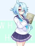  1girl ahoge alternate_costume blanc blue_hair blush glasses looking_at_viewer neptune_(series) power_symbol red_eyes school_uniform short_hair_with_long_locks sidelocks symbol-shaped_pupils warabi_mochi_(ehimedaisuki) white_heart 