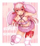  1girl animal_ears bare_shoulders bear_ears bear_paws blood blush breasts cleavage fake_blood gloomy_bear headphones highres large_breasts long_hair looking_at_viewer navel nitroplus open_mouth pink_eyes pink_hair rkrk0898 skindentation smile solo super_sonico thigh-highs 