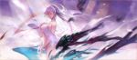  1girl arnas_(yoru_no_nai_kuni) artist_name bangs bare_shoulders breasts closed_eyes curtains hairband hand_on_own_chest large_breasts long_hair no_bra no_pants panties silver_hair solo swd3e2 text under_boob underwear very_long_hair wind wings yoru_no_nai_kuni 