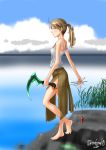  1girl bare_legs barefoot blush brown_hair cliff highres kusarigama ocean okenokoneko original ponytail sickle skirt tank_top weapon 