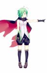  1girl adapted_costume antennae baggy_shorts bare_arms black_gloves cape gloves green_eyes green_hair kneehighs meng_xiao_jiong pointing pointing_forward shirt short_hair sleeveless sleeveless_shirt solo touhou wriggle_nightbug 