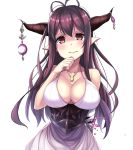  1girl antenna_hair bandaged_arm beeyan blush breasts cleavage crescent danua granblue_fantasy hair_between_eyes highres horn_ornament horns jewelry large_breasts long_hair looking_at_viewer pendant pointy_ears purple_hair red_eyes simple_background sleeveless solo upper_body wavy_mouth white_background 