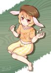  1girl :t animal_ears barefoot blonde_hair dango dated eating flat_cap food hat highres niwatori_(shimatori042) rabbit_ears red_eyes ringo_(touhou) shirt short_hair shorts solo touhou twitter_username wagashi 