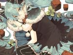  1girl aqua_eyes aqua_hair bow capelet cats_brain chocolate dress food_themed_clothes frilled_bow frills fur_trim hair_bow hair_ribbon hatsune_miku long_hair looking_at_viewer lying mint on_side pantyhose pom_pom_(clothes) ribbon simple_background smile snowflake_print solo striped striped_legwear twintails vocaloid white_background 