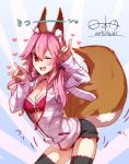  1girl ;d animal_ears black_legwear blush breasts caster_(fate/extra) cleavage dated fate/extra fate_(series) fox_ears fox_tail hair_ribbon heart highres hinomoto_madoka hooded_jacket hoodie jacket long_hair looking_at_viewer one_eye_closed open_mouth pink_hair ribbon shorts signature smile solo tail thigh-highs twintails 