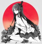  1girl black_hair clothes_removed flower fusou_(kantai_collection) hair_ornament japanese_clothes kantai_collection kinona long_hair monochrome nontraditional_miko open_mouth red_eyes spot_color 