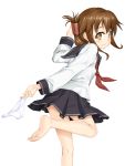  1girl arm_up bare_legs barefoot black_skirt brown_eyes brown_hair closed_mouth folded_ponytail frown holding holding_panties inazuma_(kantai_collection) kantai_collection leg_up long_sleeves looking_at_viewer n_haduki neckerchief panties panties_removed pleated_skirt running school_uniform serafuku sidelocks simple_background skirt soles solo tareme toes underwear white_background white_panties 