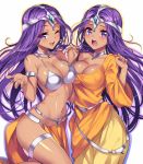  2girls blush bracelet breasts circlet cleavage dancer&#039;s_costume_(dq) dark_skin dragon_quest dragon_quest_iv earrings gan_(shanimuni) jewelry loincloth long_hair manya minea multiple_girls one_eye_closed open_mouth purple_hair siblings sisters sketch twins violet_eyes 