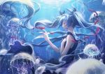  1girl air_bubble bangs black_dress blue blue_eyes blue_hair blurry colored_eyelashes depth_of_field dress fish floating_hair from_side hair_ribbon hand_on_own_chest hatsune_miku jellyfish light_rays long_hair minland4099 ocean profile reaching ribbon shinkai_shoujo_(vocaloid) sleeveless sleeveless_dress submerged tears twintails underwater vocaloid 