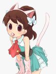  1girl alto168 animal_ears brown_eyes brown_hair cat_ears cat_tail fake_animal_ears gloves hairband heart high_ponytail kodama_fumika kyuntama leaning_forward long_hair looking_at_viewer mouth_hold open_mouth paw_gloves skirt solo tail tongue tongue_out white_background youkai_watch 