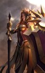  1girl armor backlighting breastplate brown_eyes brown_hair cassio_yoshiyaki cowboy_shot ear_protection faulds forehead_protector gauntlets highres league_of_legends leona_(league_of_legends) light_smile lips long_hair nose planted_sword planted_weapon shield solo sword weapon 