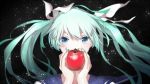  1girl aqua_hair aqua_nails blue_eyes bnsc00 covering_mouth face food fruit hatsune_miku holding holding_fruit looking_at_viewer nail_polish night night_sky sky solo star_(sky) starry_sky twintails vocaloid 