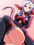  1girl animal_ears aokura_shou black_legwear blue_hair breasts cat_ears cat_tail eas elbow_gloves fresh_precure! gloves higashi_setsuna highres looking_at_viewer naughty_face pink_background precure raised_eyebrows red_eyes short_hair smile solo tail thigh-highs thighs 