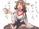  1girl alcohol baffu beer beer_mug blush breasts brown_hair cleavage closed_eyes detached_sleeves double_bun drunk grey_legwear headgear highres kantai_collection kongou_(kantai_collection) long_hair nontraditional_miko saliva saliva_trail sitting smile solo thigh-highs translation_request wariza 