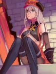  1girl alisa_ilinichina_amiella black_legwear blue_eyes boots breasts elbow_gloves fingerless_gloves gloves god_eater god_eater_burst hat highres huge_weapon long_hair pantyhose ryuuno6 silver_hair sitting skirt solo thigh-highs thigh_boots under_boob weapon 