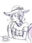  1girl artist_request elf hat isaki_tanaka magiquone monochrome neptune_(series) pointy_ears sigh sketch source_request table tea 