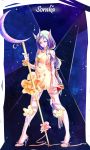  1girl alternate_costume alternate_hair_color alternate_skin_color artist_request bare_shoulders breasts character_name crescent full_body high_heels highres horn league_of_legends long_hair looking_at_viewer pointy_ears ponytail purple_hair sideboob solo soraka staff tattoo very_long_hair yellow_eyes 