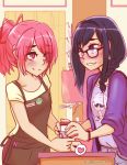  2girls absurdres akemi_homura alternate_hairstyle anthony_(madoka_magica) apron barista bespectacled black_hair blush bracelet braid brand_name_imitation cafe caffeccino casual coffee_cup coffee_maker_(object) commentary eye_contact familiar_(madoka_magica) glasses hairband heart highres hipster jewelry kaname_madoka looking_at_another mahou_shoujo_madoka_magica multiple_girls name_tag pink_eyes pink_hair ponytail shy spoken_heart starbucks violet_eyes watermark yuri 