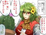  1girl cactus flower green_hair hair_flower hair_ornament juliet_sleeves kazami_yuuka long_sleeves open_clothes open_vest puffy_sleeves red_eyes ryuuichi_(f_dragon) scarf shirt solo touhou translation_request vest 