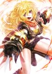  1girl black_gloves blonde_hair boots breasts cleavage cropped_jacket fingerless_gloves gauntlets gloves lain large_breasts long_hair looking_at_viewer midriff navel open_mouth pink_eyes rwby scarf shorts solo yang_xiao_long 