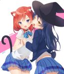  2girls animal_ears blazer blue_hair blush bow cat_ears fang hat hitsukuya interlocked_fingers kemonomimi_mode long_hair looking_at_viewer love_live!_school_idol_project multiple_girls nishikino_maki open_mouth redhead school_uniform skirt sonoda_umi tail tongue tongue_out violet_eyes witch_hat yellow_eyes 