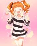  1girl :&gt; arms bare_legs bare_shoulders blush clenched_hand closed_eyes floral_background hair_ornament hair_scrunchie idolmaster iwaoka_(sikabanenomiti_park) legs orange_hair rag scrunchie smile solo sparkle takatsuki_yayoi twintails wavy_hair 