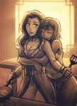  2girls asami_sato avatar:_the_last_airbender breasts cleavage closed_eyes cooking couple hug hug_from_behind iahfy jewelry korra multiple_girls navel necklace sepia sepia_background smile spatula stove the_legend_of_korra yuri 