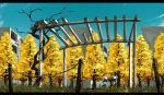  2girls autumn bare_tree black_legwear blue_sky brown_hair building fence grass landscape multiple_girls original sanyama_tarou scenery school_uniform sky tagme tree 